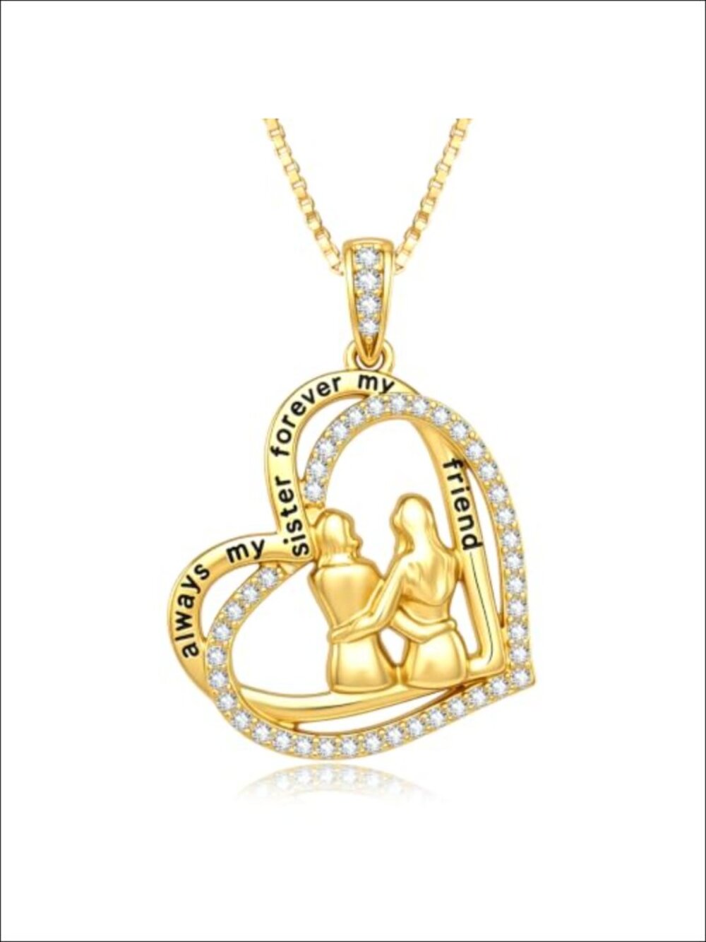 14K Gold Plated Heart Sister Pendant Necklace Cubic Zirconia